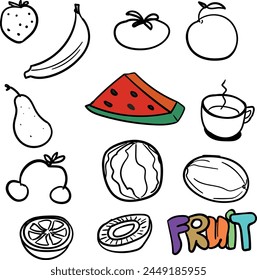 Set of cartoon simple fruits, berries or vegetables. Among the delicious food products there are strawberries, bananas, tomatoes, apples, watermelon, melon, tea or coffee in a mug, cherries and so on.