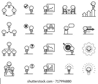 Conjunto de caracteres de línea simple de caricatura en acción de la variedad concepto de idea de negocio para el diseño gráfico vectorial