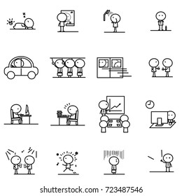 Set Of Cartoon Simple Line Character In Variety Action Of Daily Activity Of Office Man Concept For Vector Graphic Design Icon