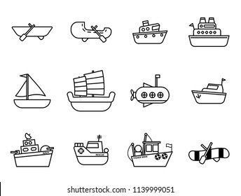 Set of Cartoon simple outline boat in the water icon concept for vector graphic design