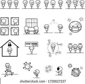 Set of Cartoon simple outline variety action in Virus COVID 19 concept for vector graphic design