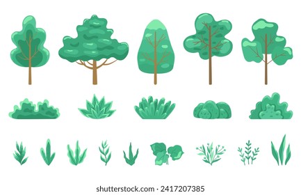 Rodeado de caricaturas simples arbustos de plantas. Colección de ilustraciones vectoriales planas y luminosas para el diseño.