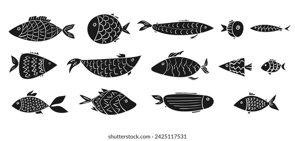 Set of cartoon simple vector linocut sardine, trout, salmon fishes. Stylized digital hand drawn block print decorated aquarium or river animals for stickers, sea logo, prints design