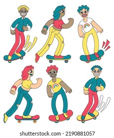 Set of cartoon skateboarders. Funny male and female characters are punished on a board. Men, women, different nationalities with a skateboard. Isolated image, vector illustration.