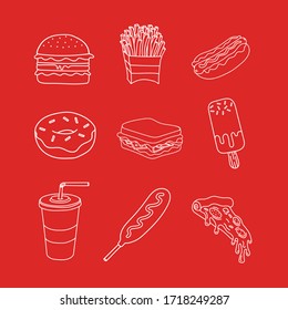 Set of cartoon sketch fast food icons : hamburger, french fries, hot dog, donut, sandwich, ice cream, soft drink, corn dog, pizza slice