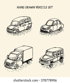 Set of cartoon sketch style cars ,isolated,vector