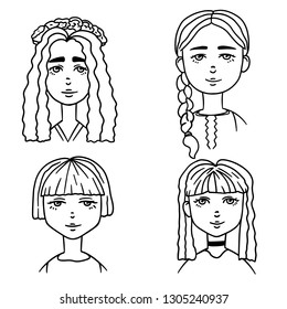 Set of cartoon sketches of cute girls. Doodle style illustration of girls portraits. Cute girl smiling, sketch for your design.