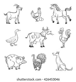Set of cartoon sketches on livestock. Isolated cute animals on a white background