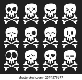 Set cartoon skull and bones icons. Different emotions, smile, angry and surprised. Emoji Halloween stickers collection. Cartoon flat style isolated white silhouette vector skeletons