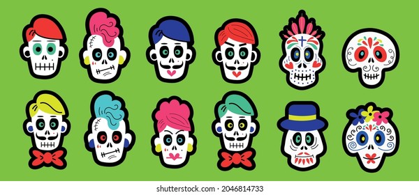 Set of cartoon skulls of different types for Halloween and Day of the dead celebration concept designs