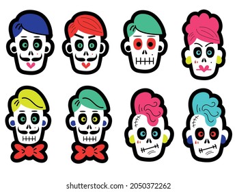 Set of cartoon skulls of different types for Halloween and Day of the dead celebration concept designs