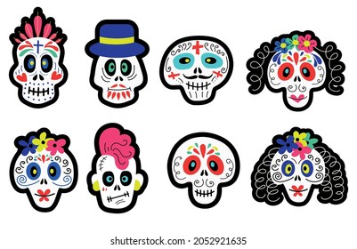 Set of cartoon skulls of different types for Halloween and Day of the dead celebration concept designs