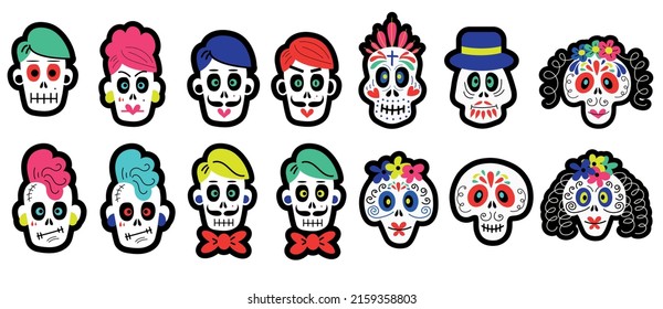 Set of cartoon skulls of different types for Halloween and Day of the dead celebration concept designs