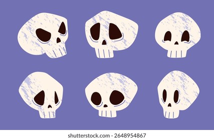 Set of Cartoon Skulls with Funny, Sad, and Angry Faces. Hand Drawn Halloween Bone Heads on Purple Background. Emotion Expressions in Flat Graphic Vector Illustration