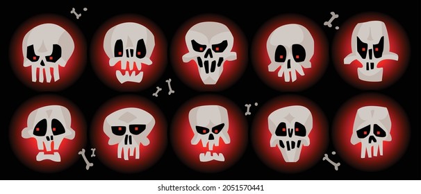 Set of cartoon skulls with glowing eyes for Halloween designs. Skeletons. Stickers. Flat vector illustrations.