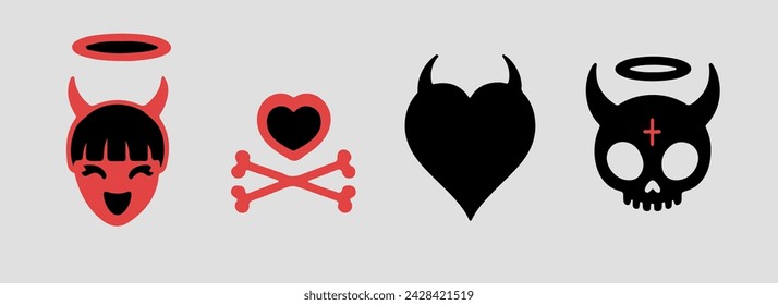 A set of cartoon skulls and hearts in various designs. Vector illustrations for flash tattoos and stickers.