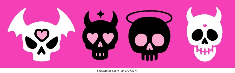 A set of cartoon skulls in various designs on a pink background. Vector illustrations for flash tattoos and stickers.