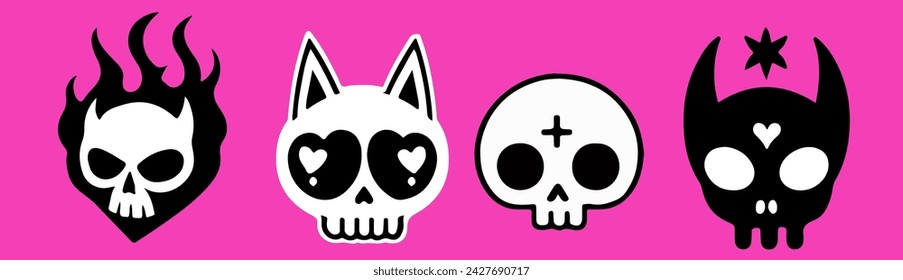 A set of cartoon skulls in various designs on a pink background. Vector illustrations for flash tattoos and stickers.