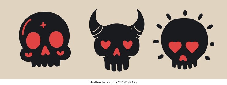 A set of cartoon skulls in various designs. Vector illustrations for flash tattoos and stickers.