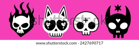 A set of cartoon skulls in various designs on a pink background. Vector illustrations for flash tattoos and stickers.