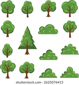 set of cartoon small trees and bush with white background, Cartoon Small Trees and Bushes Set Vector Clipart on White Background