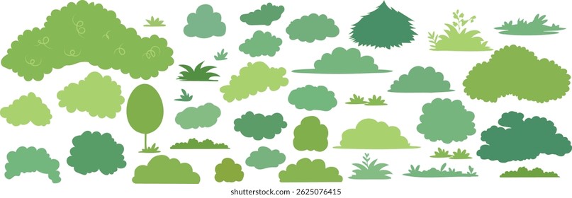 set of cartoon small trees and bush with white background, Cartoon Small Trees and Bushes Set Vector Clipart on White Background