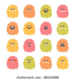 Set of cartoon smiley monsters. Collection of different cute fluffy monsters characters. Vector illustration