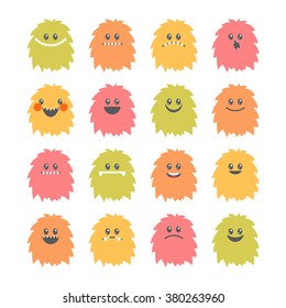 Set of cartoon smiley monsters. Collection of different cute and funny fluffy monsters characters. Vector illustration