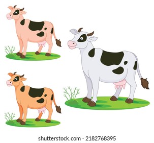 Set of cartoon smiling Cow in different colors with live outline