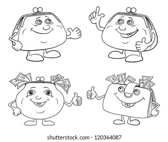Set cartoon smiling money with dollars purses showing thumbs up, black contour on white background. Vector