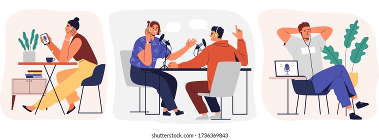 Set of cartoon smiling people listening and recording audio podcast or online show vector flat illustration. Joyful person radio host interviewing guest, mass media broadcasting isolated on white