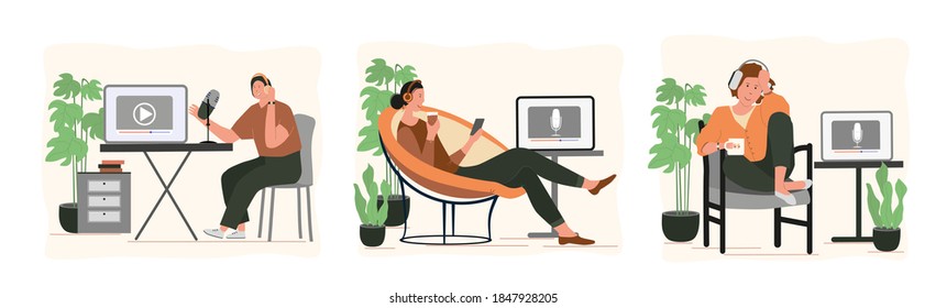 Set of cartoon smiling people listening and recording audio podcast or online show vector flat illustration. Joyful person radio host interviewing guest, mass media broadcasting isolated on white