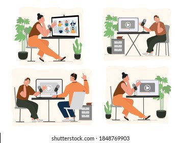 Set of cartoon smiling people listening and recording audio podcast or online show vector flat illustration. Joyful person radio host interviewing guest, mass media broadcasting isolated on white