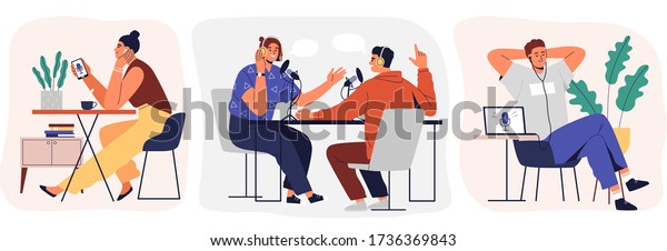 Set of cartoon smiling people listening and\
recording audio podcast or online show vector flat illustration.\
Joyful person radio host interviewing guest, mass media\
broadcasting isolated on\
white