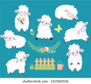 Set of cartoon smiling vector white sheeps.Vector illustration