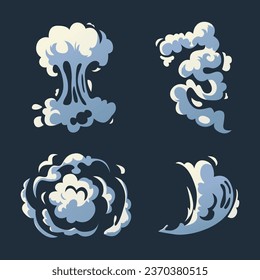 Legen Sie Cartoon-Rauchwolken fest. Comic Rauch Flows, Smog und Rauch Steaming Cloud Silhouetten einzeln. Vektorgrafik illustriert. 