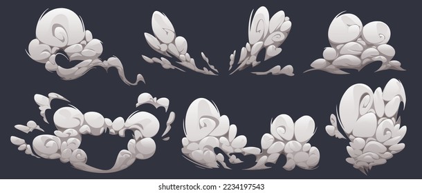Conjunto de nubes de humo de dibujos animados aisladas en un fondo oscuro. Ilustración vectorial de los flujos abstractos de polvo, humo o vapor después de la explosión. Vapor, niebla o niebla. Elemento de diseño de juegos cómicos