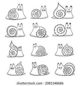 Set of cartoon snails. Cute snails characters collection. Monochrome animal icons.  Funny snail with house. Design for kids. Cartoon slug, mollusk with shell. Snail isolated on white background.