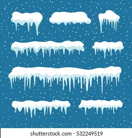 Set of cartoon snow design element on blue background