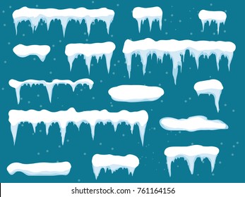 Set of cartoon snow design element on blue background Snow icicles, snow cap isolated. Snowy elements on winter background. Vector template