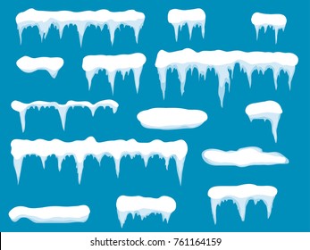Set of cartoon snow design element on blue background Snow icicles, snow cap isolated. Snowy elements on winter background. Vector template
