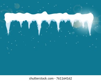 Set of cartoon snow design element on blue background Snow icicles, snow cap isolated. Snowy elements on winter background. Vector template