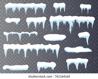 Set von Cartoon Schnee-Design Element auf transparentem Hintergrund Schneekräfte, Schneekappe einzeln. Schneeelemente auf Winterhintergrund. Vektorgrafik-Vorlage