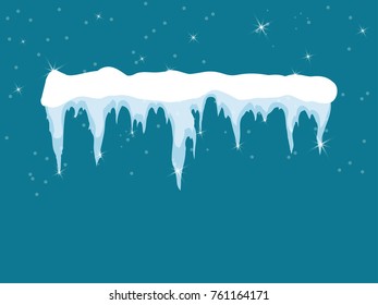 Set of cartoon snow design element on blue background Snow icicles, snow cap isolated. Snowy elements on winter background. Vector template