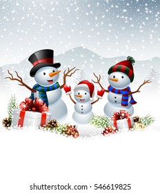 Set of cartoon snowman with Christmas background