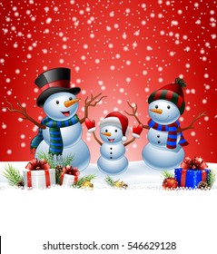 Set of cartoon snowman with Christmas background