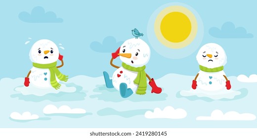 set of cartoon snowman melting. Sad snowman character in spring. Vector illustration