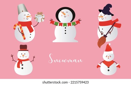 Set of cartoon snowmen in different poses vector illustration