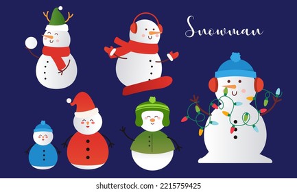 Set of cartoon snowmen in different poses vector illustration