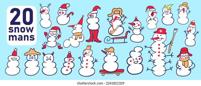 set of cartoon snowmen in flat style